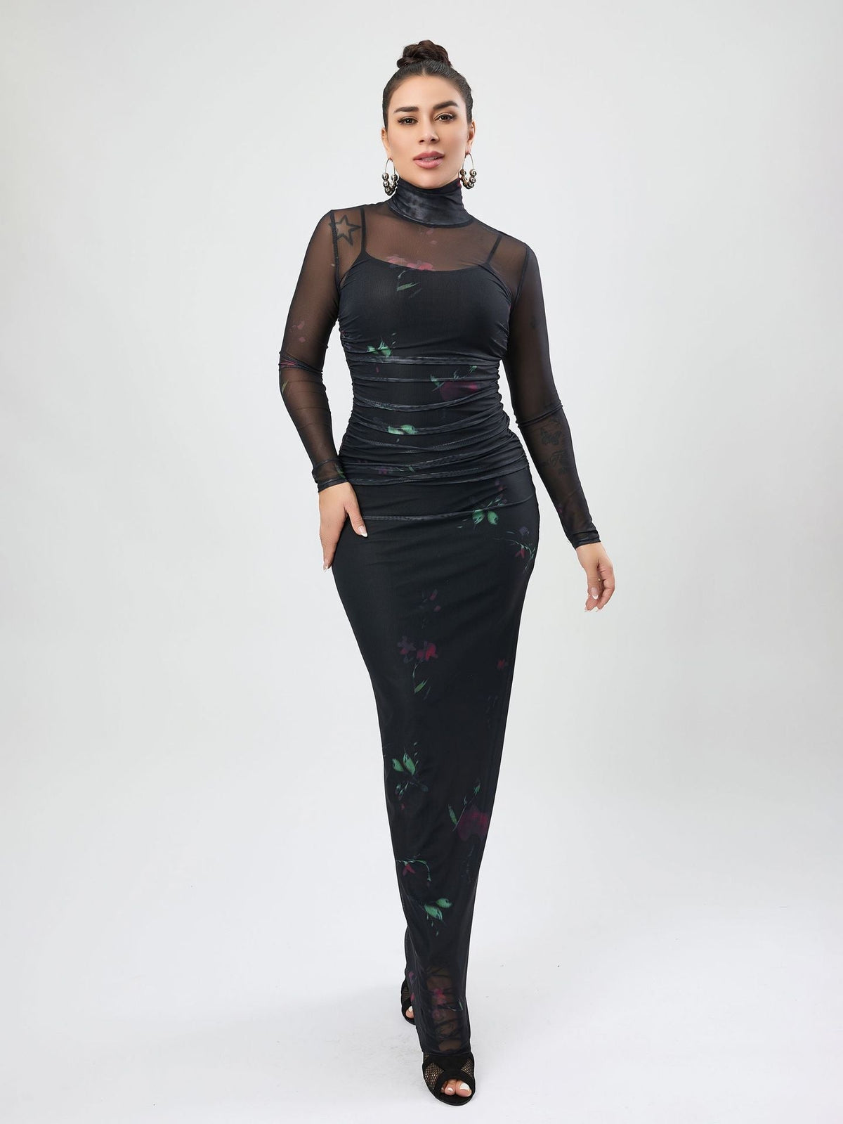 Printed Mesh See Through Dress Turtleneck Long Sleeve Spaghetti Strap Two Piece Maxi Dress