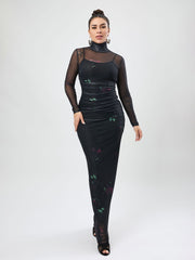 Printed Mesh See Through Dress Turtleneck Long Sleeve Spaghetti Strap Two Piece Maxi Dress