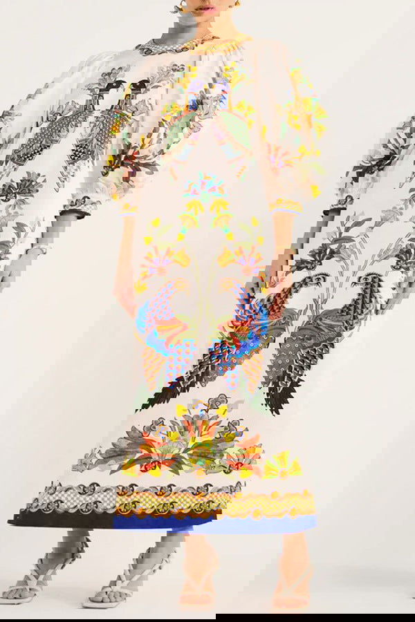 Printed Peacock Round Neck Dress Amplified craft