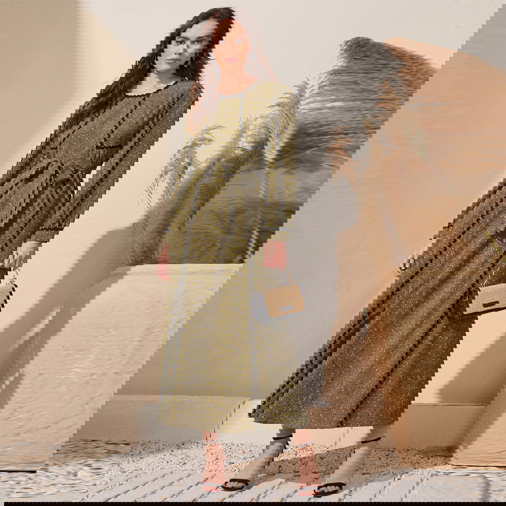 Vestido de oficina estampado de manga larga y cuello redondo