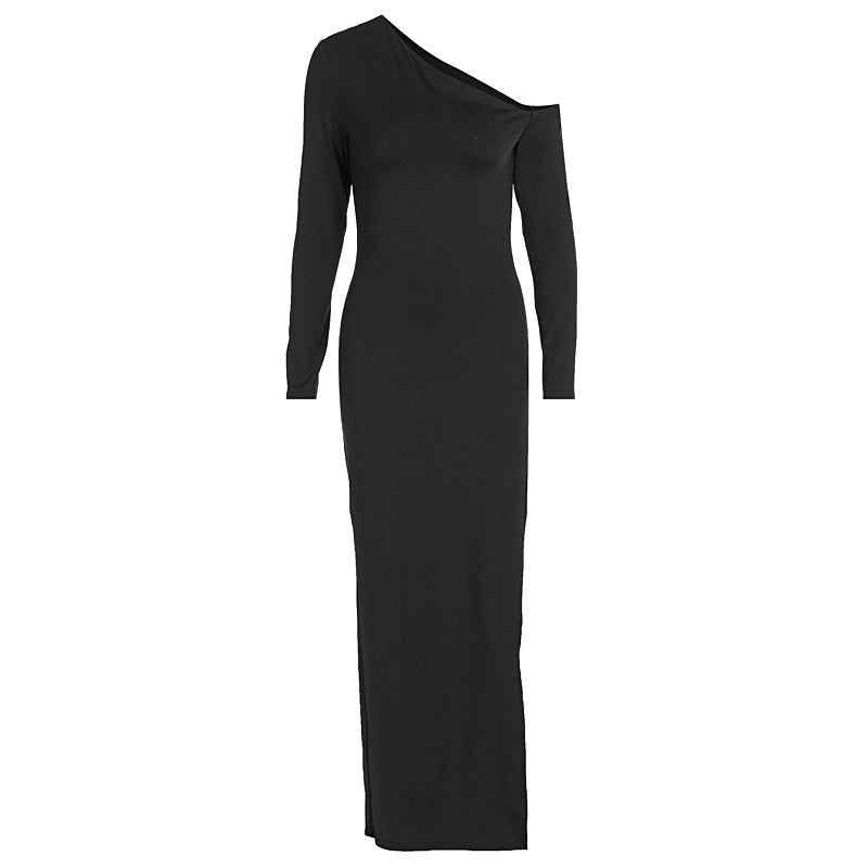 Split Solid Color Long Sleeve Diagonal Collar Elegant Dress