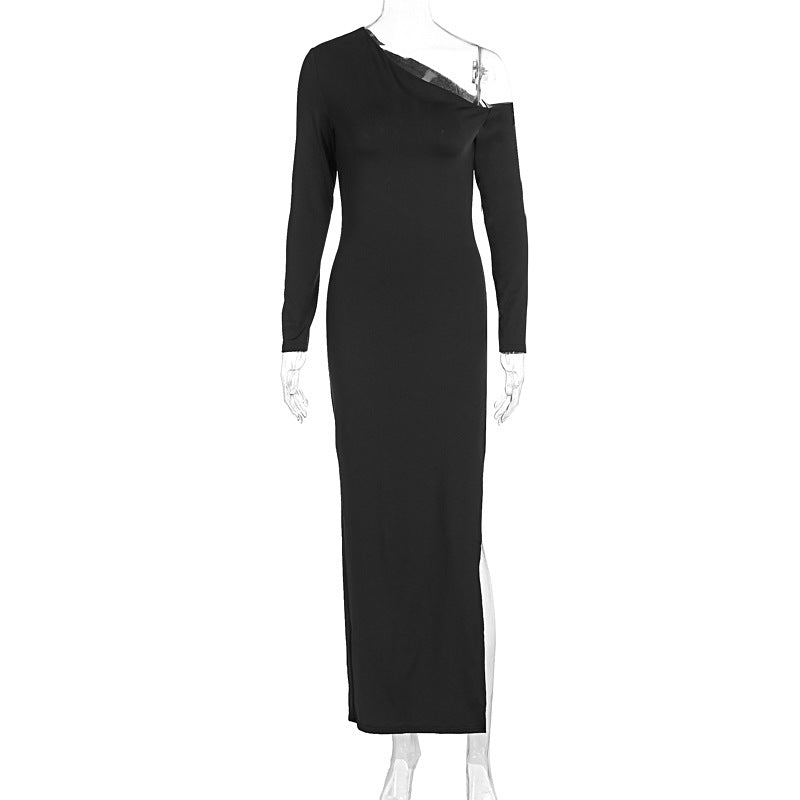 Split Solid Color Long Sleeve Diagonal Collar Elegant Dress