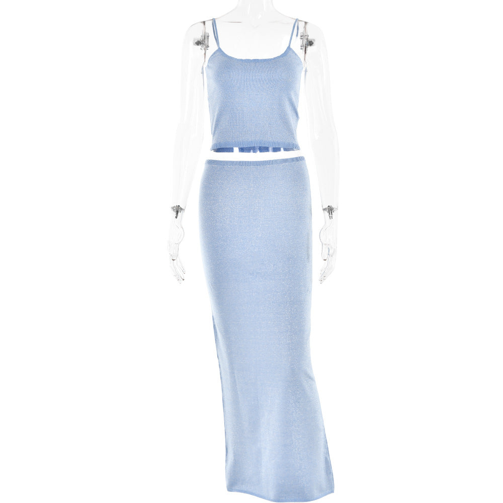 Trend Backless Sling Top Sheath Dress Knitted Bright Silk Suit