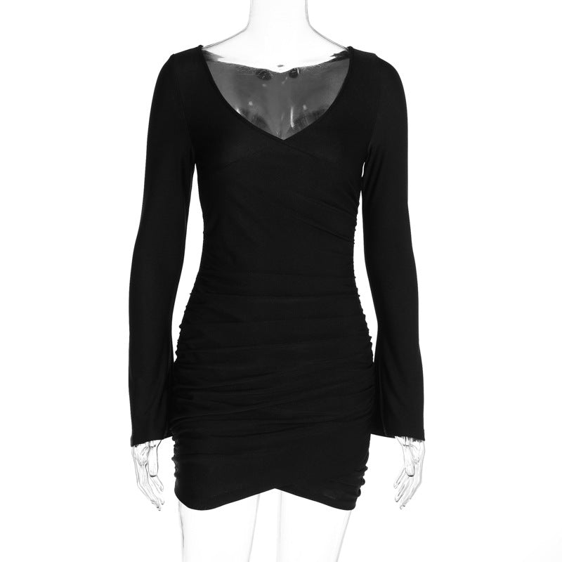 V neck Long Sleeve Smooth Close Fitting Pleated Short Dress for