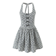 Slim Full Body Embroidered Bow Halter Backless Dress Short