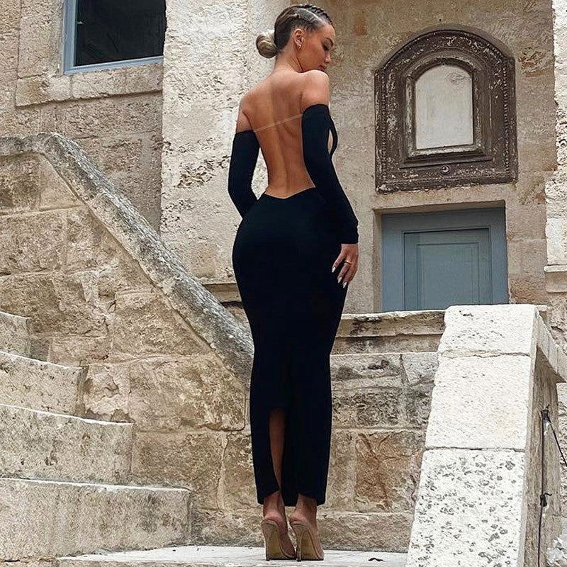 Solid Color Long Sleeve Tube Top Dress Backless Slim Fit Dress AmiEmi Solid Color Long Sleeve Tube Top Dress Backless Slim Fit Dress AmiEmi