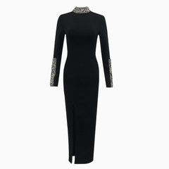 Selection Black Long Sleeve Rhinestone Split Bandage One Piece Dress