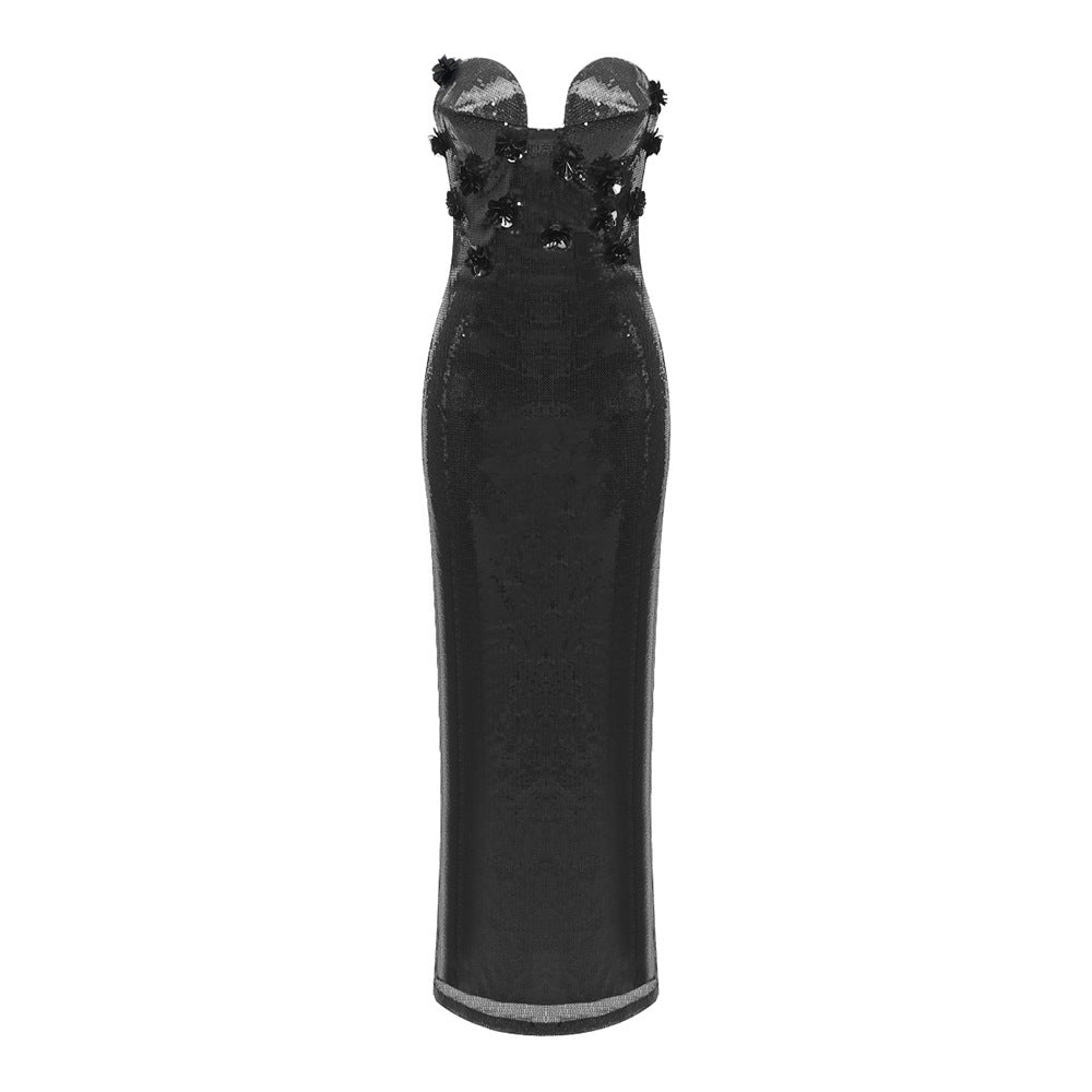 Three Dimensional Floral Sequin Strapless Dress Catwalk Dress Nightclub Sexy
