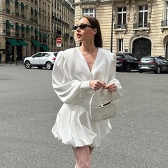 White V Neck Lantern Sleeve Pettidress Casual Dress Satin Dress