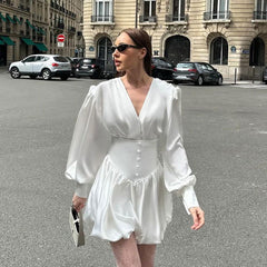 White V Neck Lantern Sleeve Pettidress Casual Dress Satin Dress