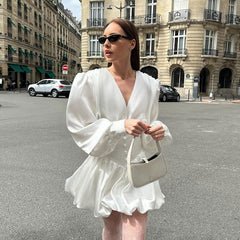 White V Neck Lantern Sleeve Pettidress Casual Dress Satin Dress