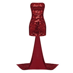 Wine Red Bow Tail Sequin Strapless Dress Dress