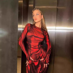 Vestido ajustado de manga larga con estampado plisado 3D y cuello redondo con cintura alta