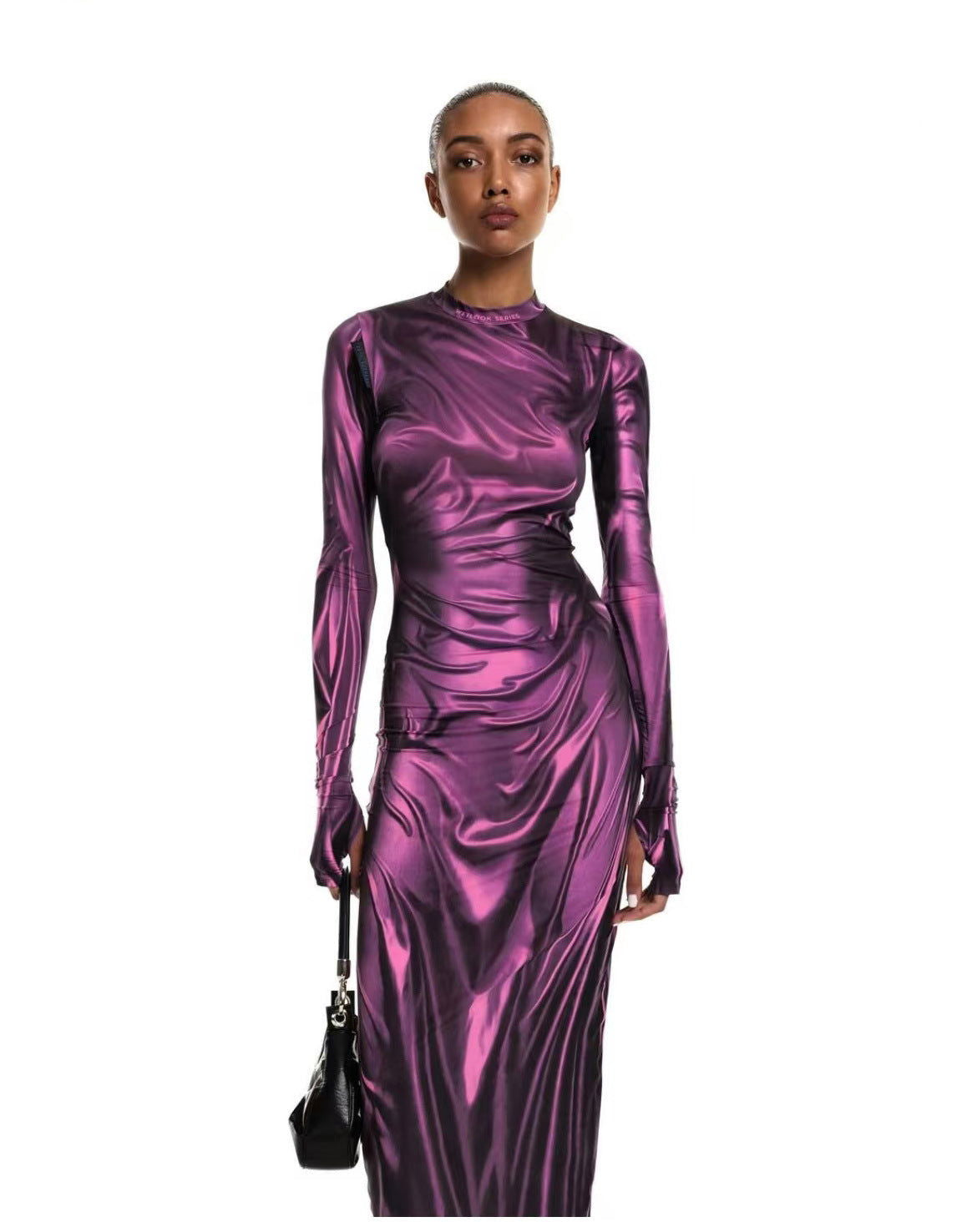 Vestido ajustado de manga larga con estampado plisado 3D y cuello redondo con cintura alta