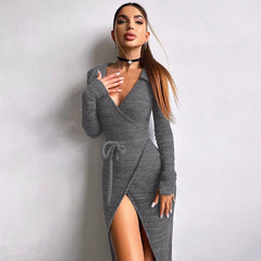 Arrival Long Sleeve Dress Sheath Lace up Waist Split Dress