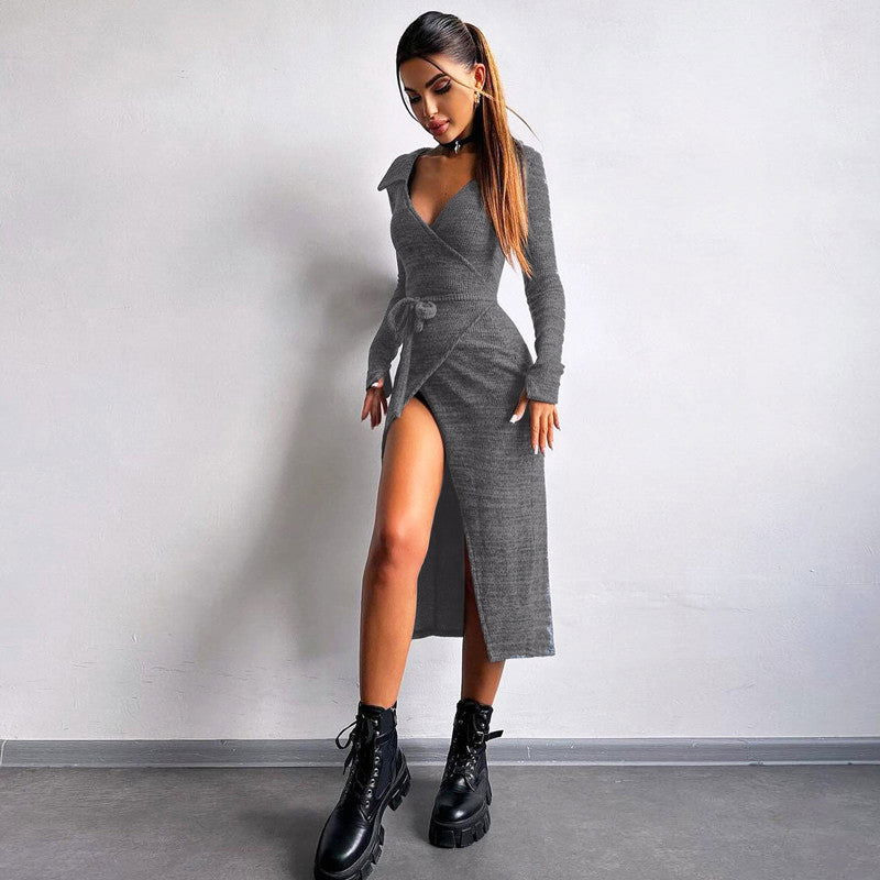 Arrival Long Sleeve Dress Sheath Lace up Waist Split Dress