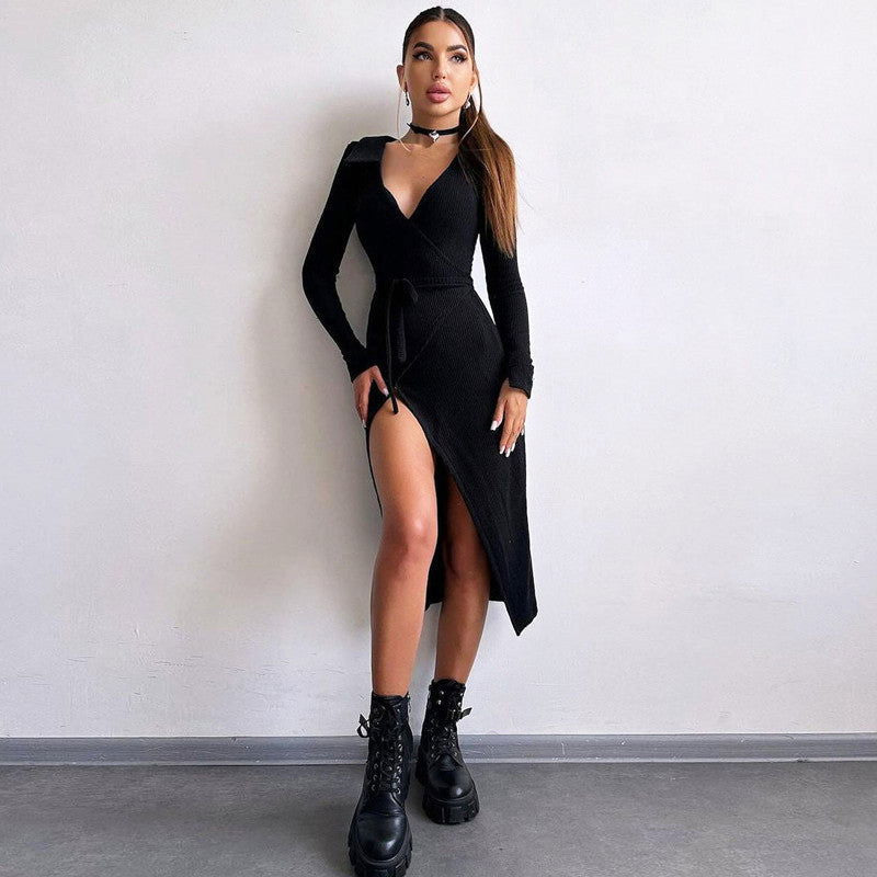 Arrival Long Sleeve Dress Sheath Lace up Waist Split Dress