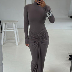 Beam Waist Solid Color Maxi Dress Pleated Dress