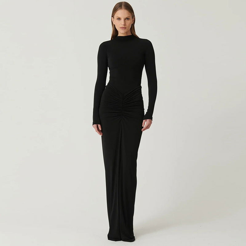 Beam Waist Solid Color Maxi Dress Pleated Dress