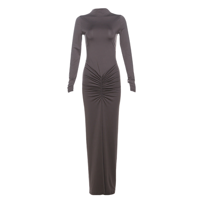 Beam Waist Solid Color Maxi Dress Pleated Dress