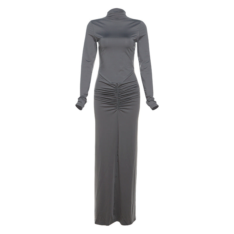 Beam Waist Solid Color Maxi Dress Pleated Dress
