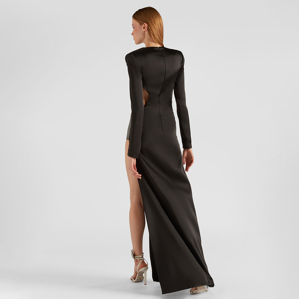 Vestido negro con recortes de diamantes de imitación, manga larga, corte entallado y abertura, sexy