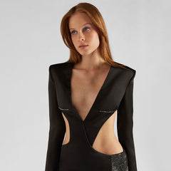 Vestido negro con recortes de diamantes de imitación, manga larga, corte entallado y abertura, sexy