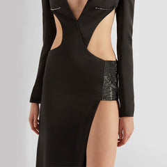 Vestido negro con recortes de diamantes de imitación, manga larga, corte entallado y abertura, sexy