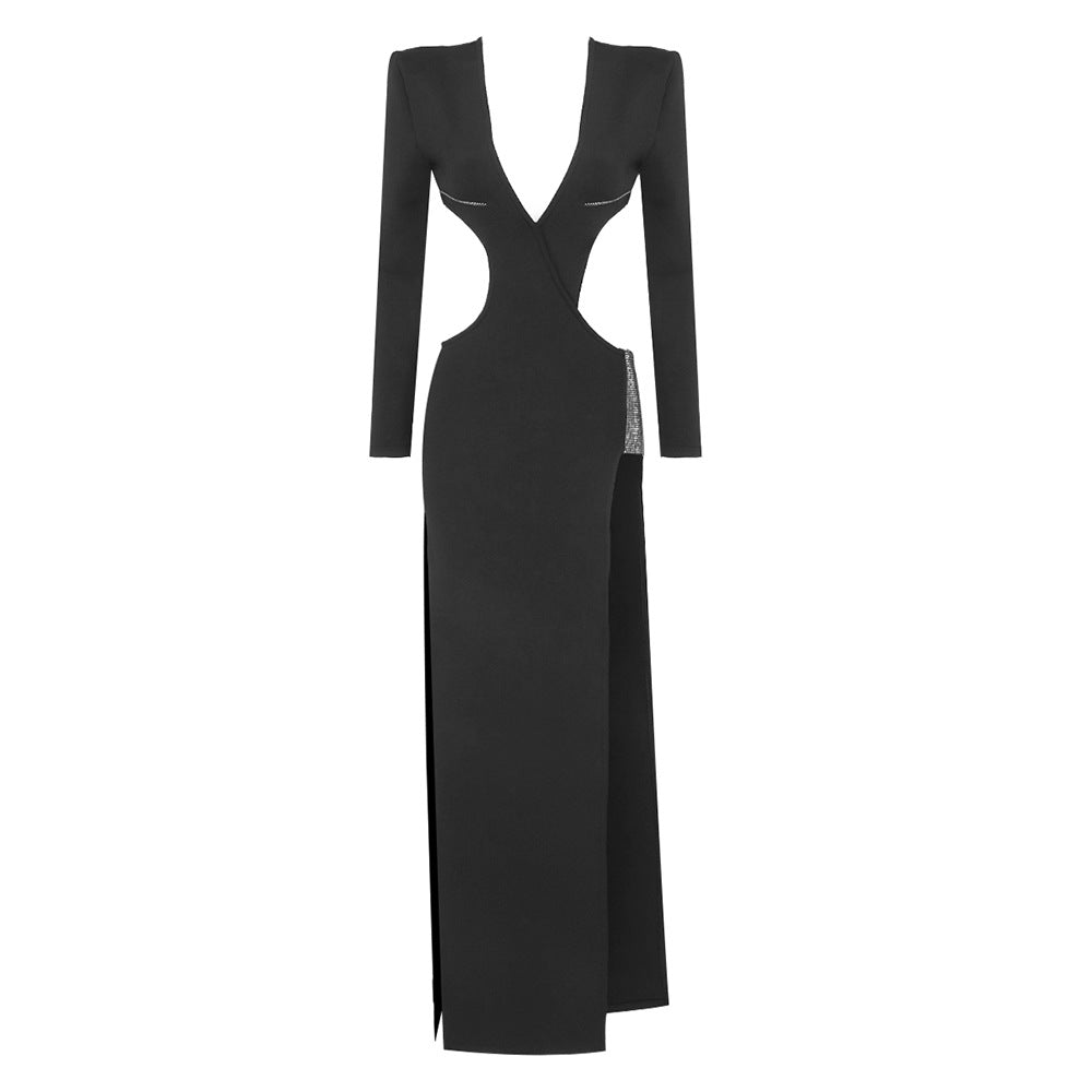 Vestido negro con recortes de diamantes de imitación, manga larga, corte entallado y abertura, sexy