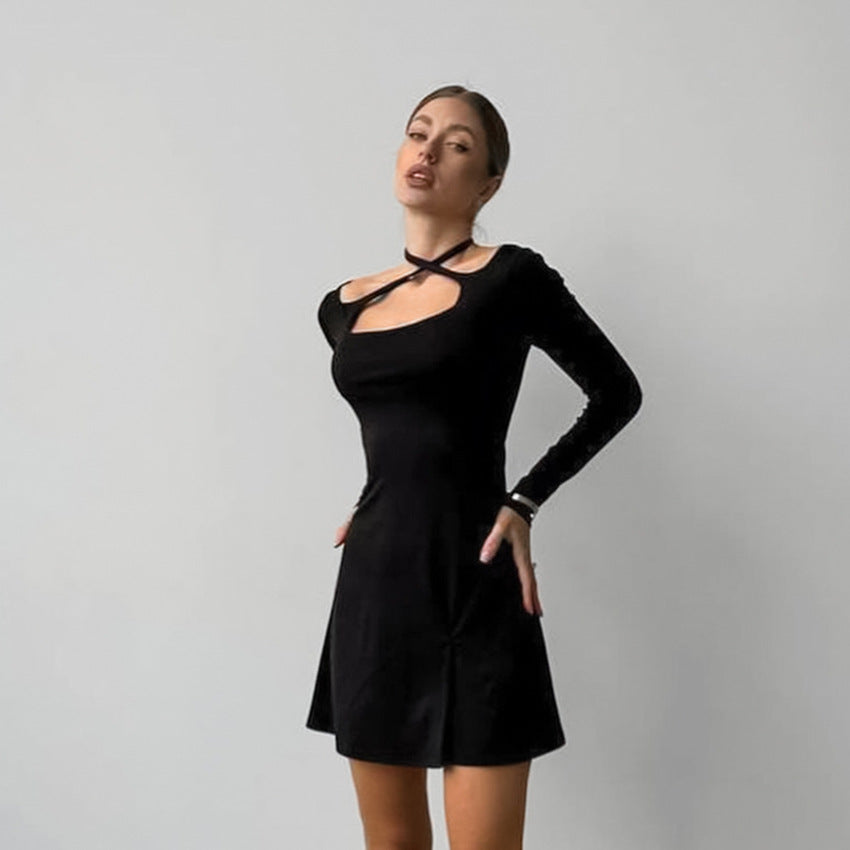 Vestido de oficina ajustado, negro, de punto, con cuello cuadrado, con cordones y aberturas