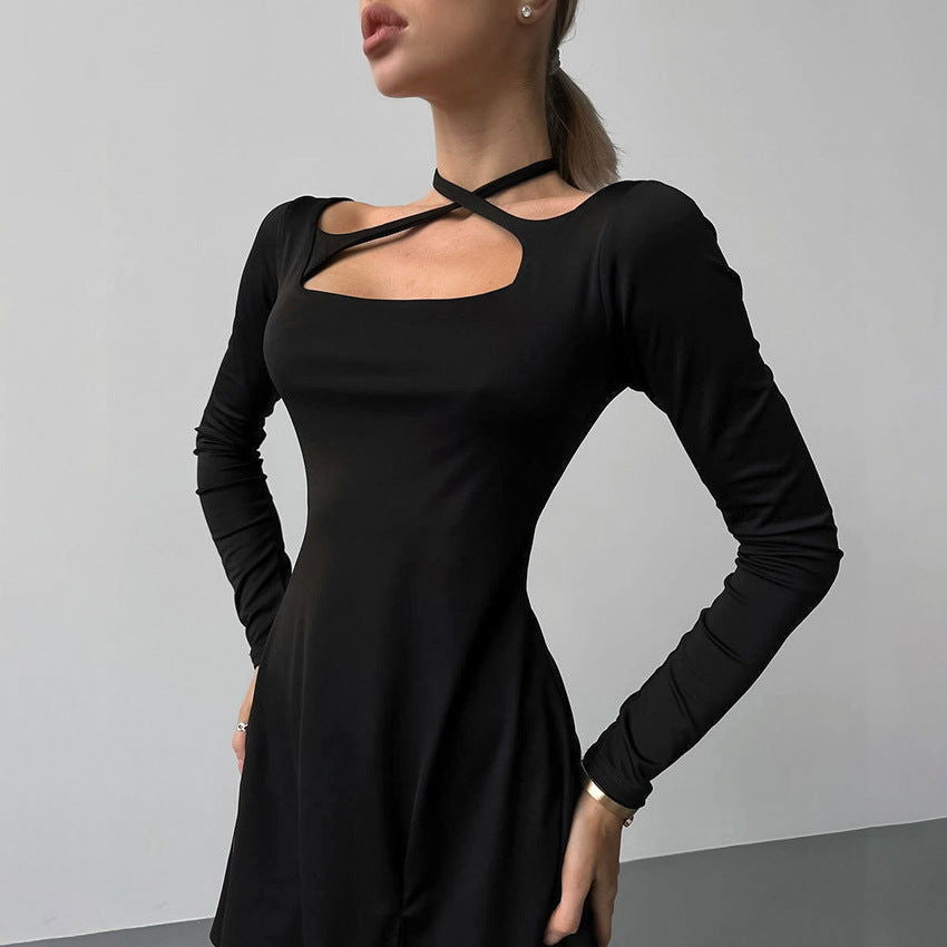 Vestido de oficina ajustado, negro, de punto, con cuello cuadrado, con cordones y aberturas