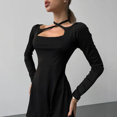 Vestido de oficina ajustado, negro, de punto, con cuello cuadrado, con cordones y aberturas