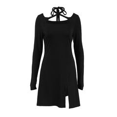 Vestido de oficina ajustado, negro, de punto, con cuello cuadrado, con cordones y aberturas