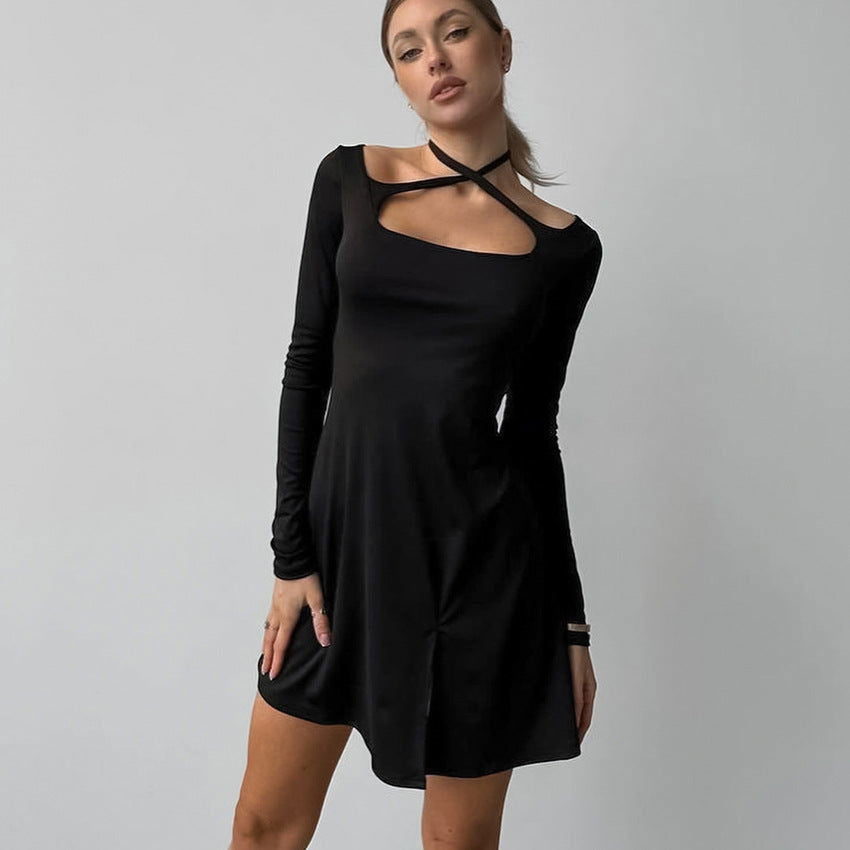 Vestido de oficina ajustado, negro, de punto, con cuello cuadrado, con cordones y aberturas