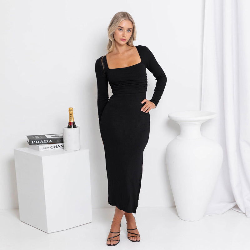 Black Square Collar Long-Sleeved Dress Backless Lace Split Maxi