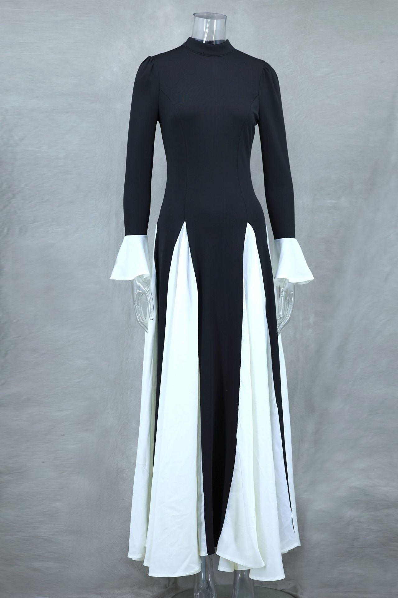 Black White Contrast Color Elegant Ruffle Long Sleeve Big Hem Dress