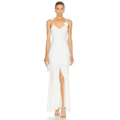 Vestido de noche con tirantes de seda helada, plisado, floral tridimensional, bicolor, negro y blanco