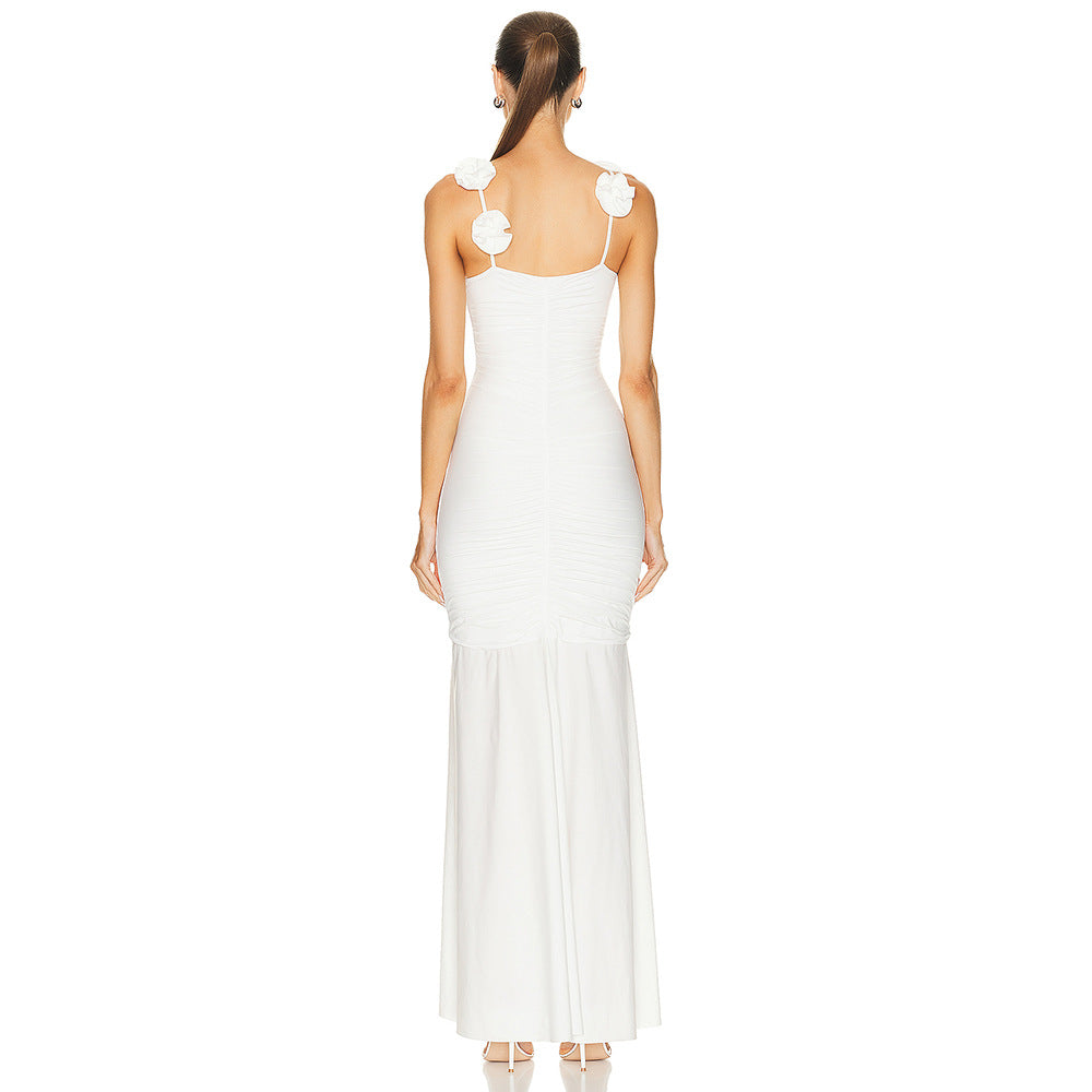Vestido de noche con tirantes de seda helada, plisado, floral tridimensional, bicolor, negro y blanco