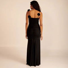 Vestido de noche con tirantes de seda helada, plisado, floral tridimensional, bicolor, negro y blanco