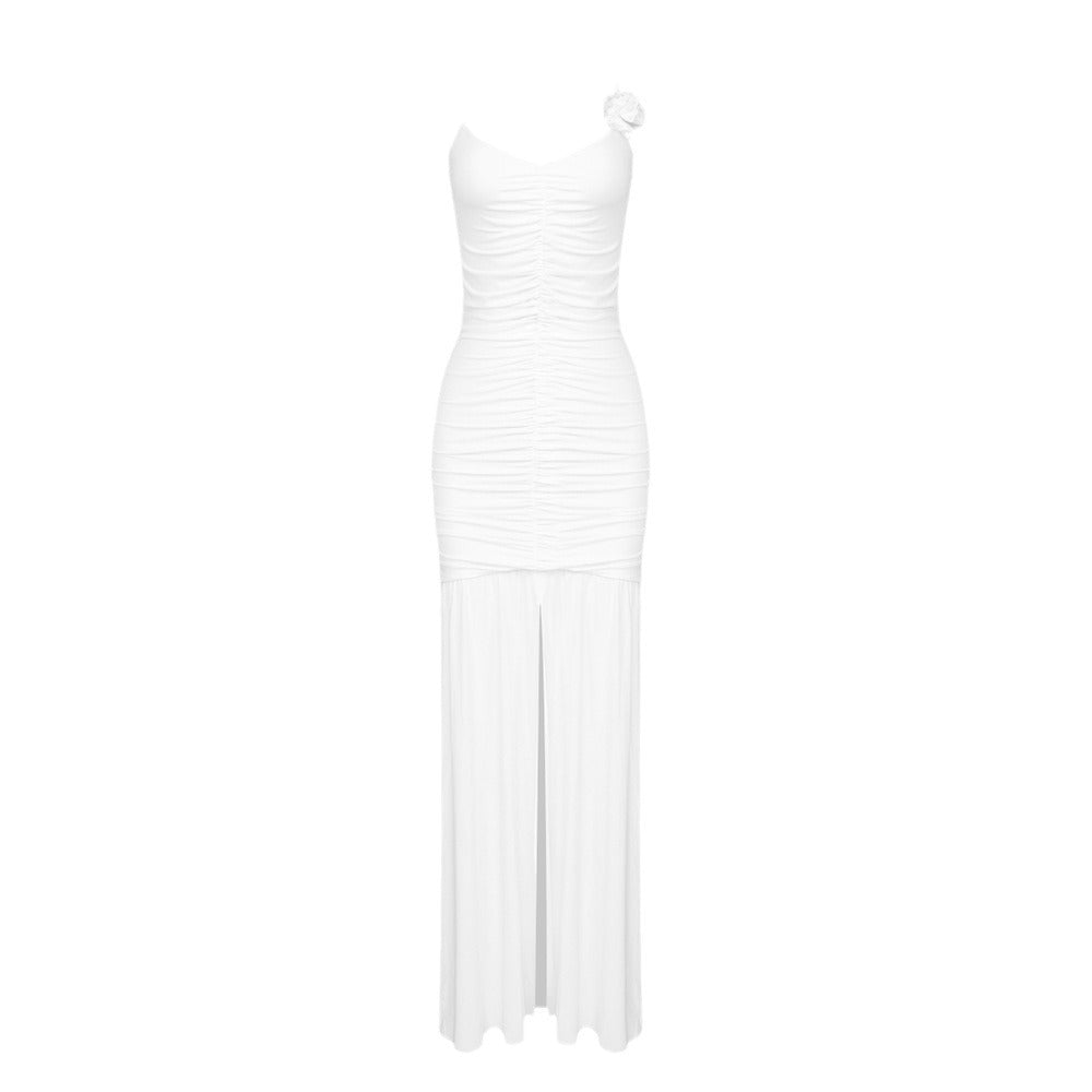 Vestido de noche con tirantes de seda helada, plisado, floral tridimensional, bicolor, negro y blanco