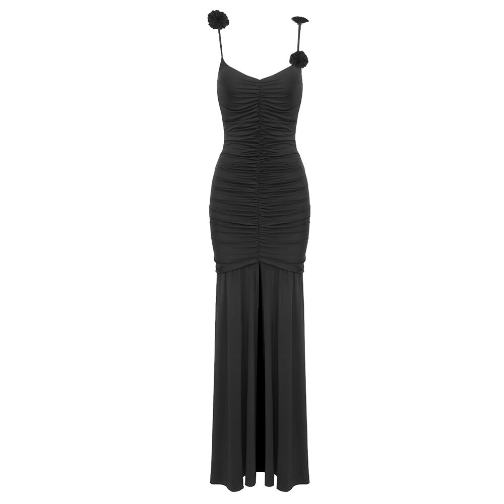 Vestido de noche con tirantes de seda helada, plisado, floral tridimensional, bicolor, negro y blanco