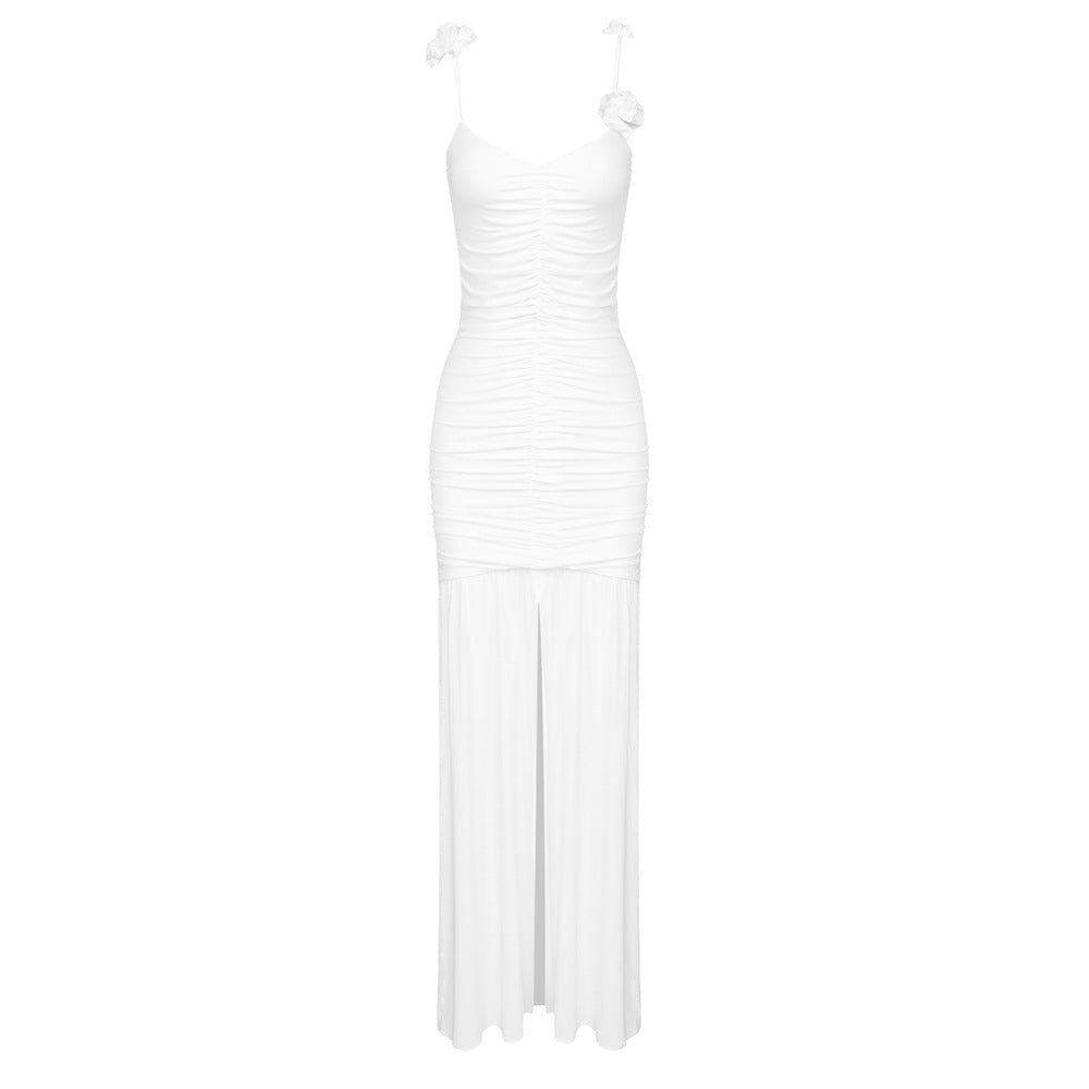 Vestido de noche con tirantes de seda helada, plisado, floral tridimensional, bicolor, negro y blanco