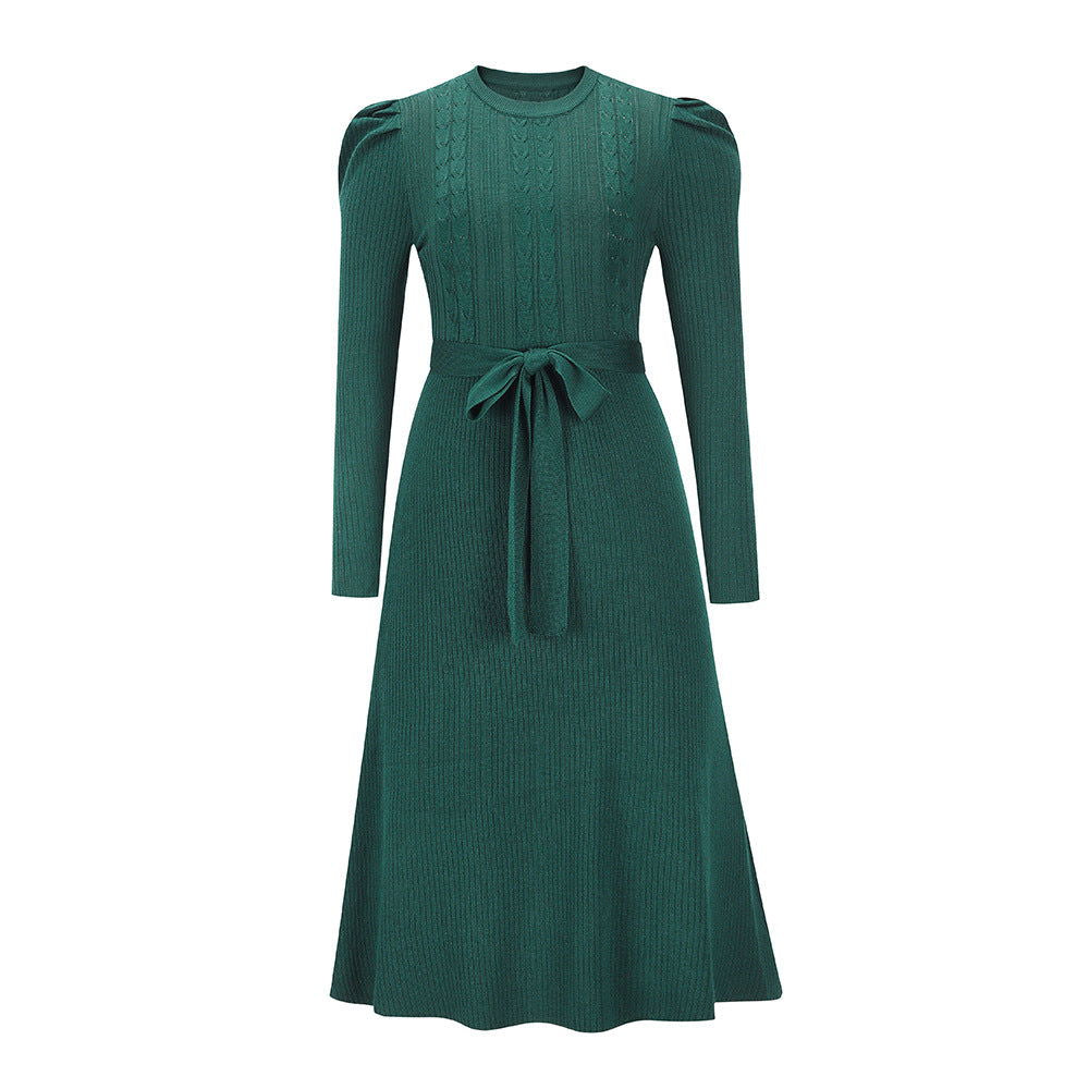 Bubble Long Sleeve Knitted Dress Mid-Length Elegant Slimming High Waist Big Swing Dress Base Sweater Dress