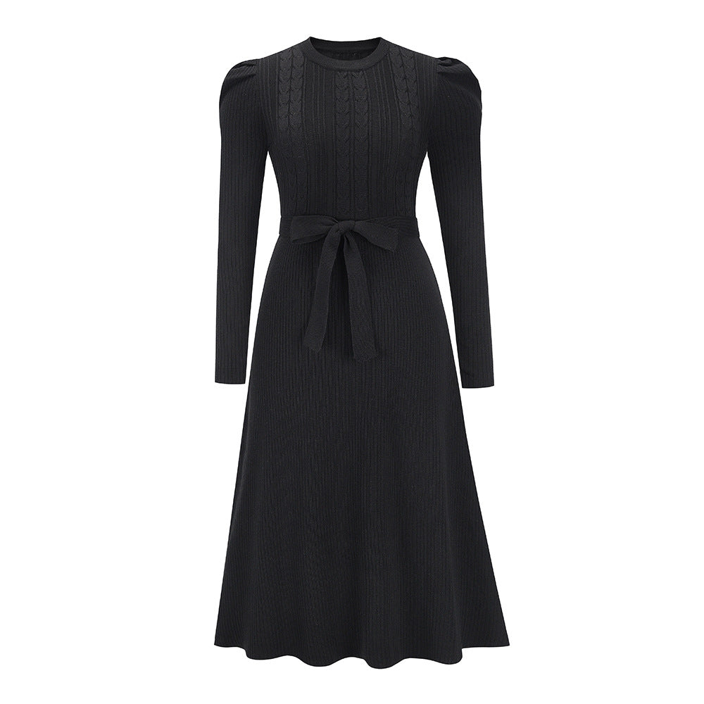 Bubble Long Sleeve Knitted Dress Mid-Length Elegant Slimming High Waist Big Swing Dress Base Sweater Dress