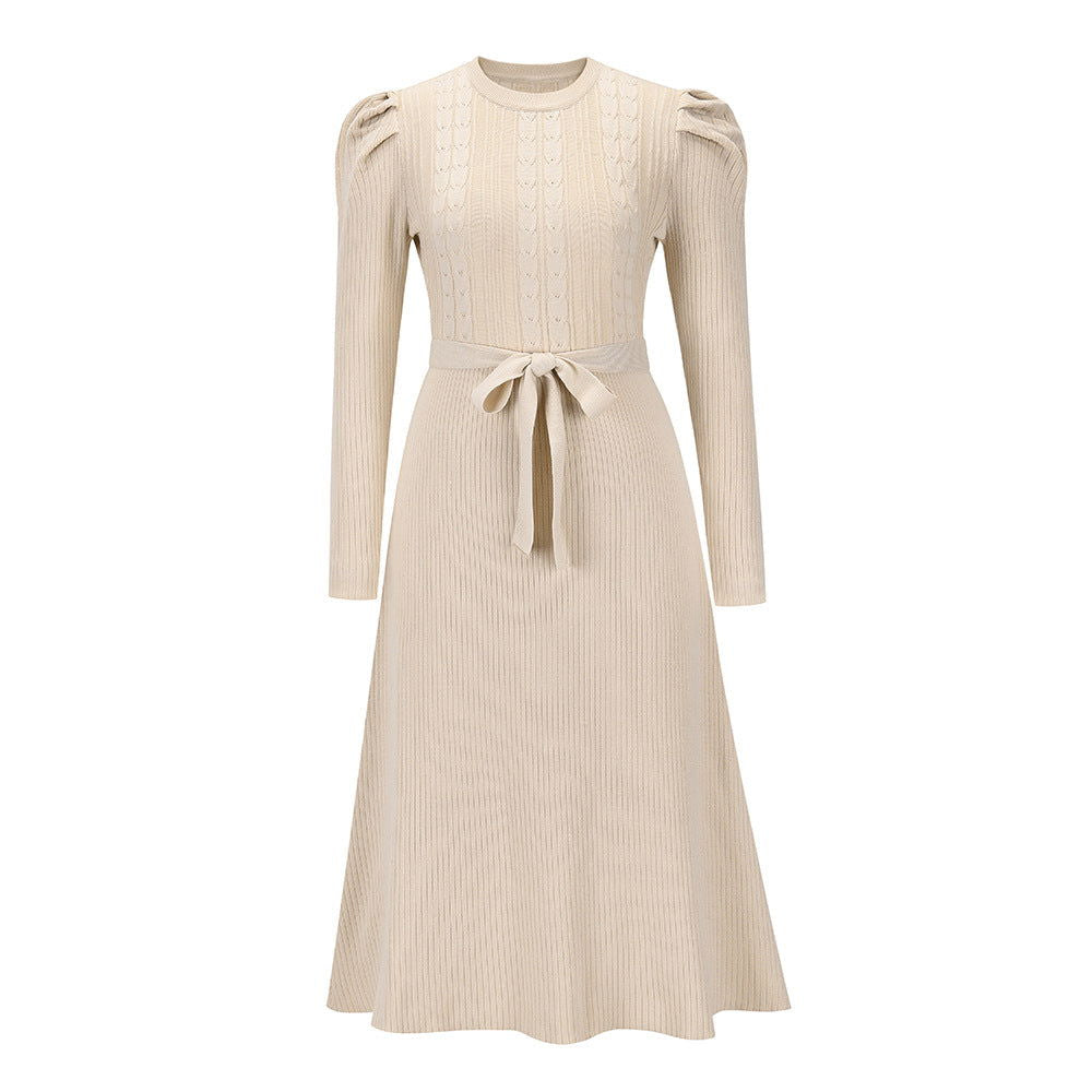 Bubble Long Sleeve Knitted Dress Mid-Length Elegant Slimming High Waist Big Swing Dress Base Sweater Dress