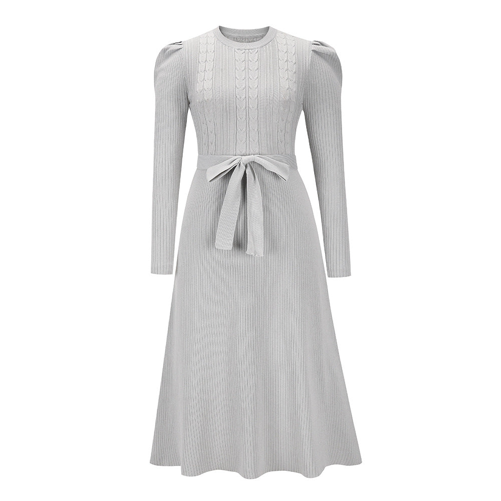 Bubble Long Sleeve Knitted Dress Mid-Length Elegant Slimming High Waist Big Swing Dress Base Sweater Dress