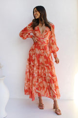 Casual Printed Long Sleeve V Neck Swing Dress Maxi Dress