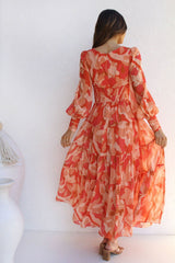 Casual Printed Long Sleeve V Neck Swing Dress Maxi Dress