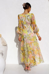 Casual Printed Long Sleeve V Neck Swing Dress Maxi Dress