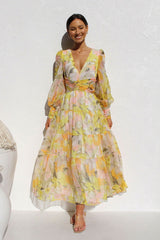 Casual Printed Long Sleeve V Neck Swing Dress Maxi Dress